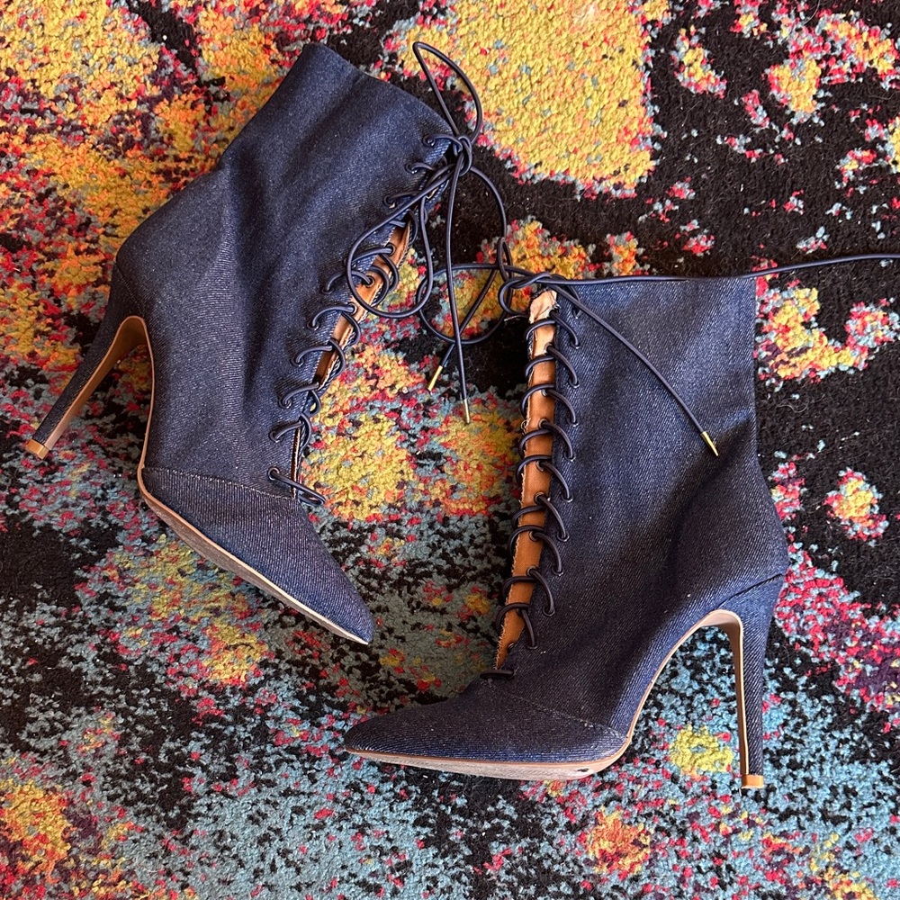 Qupid Navy Lace-Up Heeled Boots